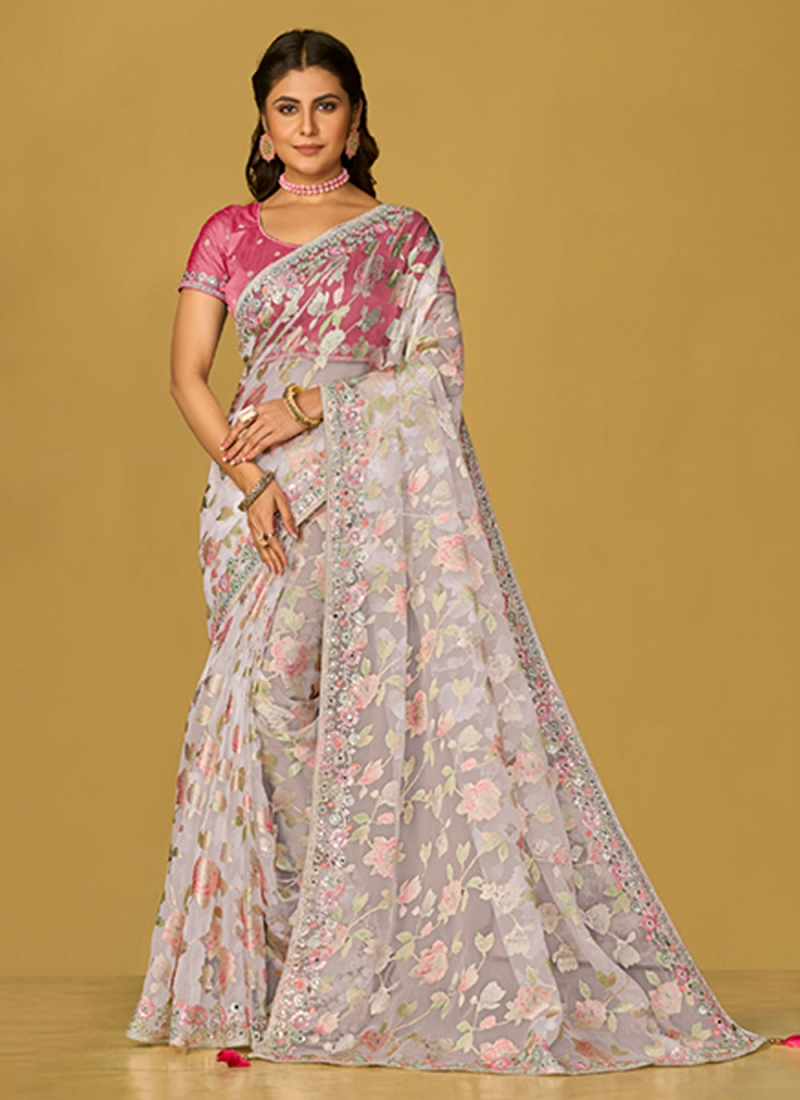 Adorable Organza Sequins Off White Saree