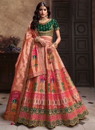 Pakistani Bridal Wear Red Blouse Lehenga - Mint Green Dupatta