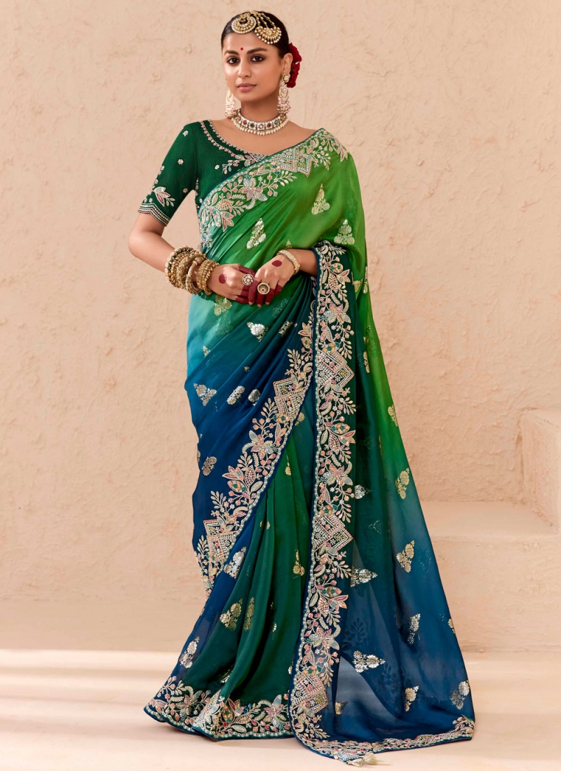 Adorable Silk Green and Morpeach  Khatli Work Contemporary Saree