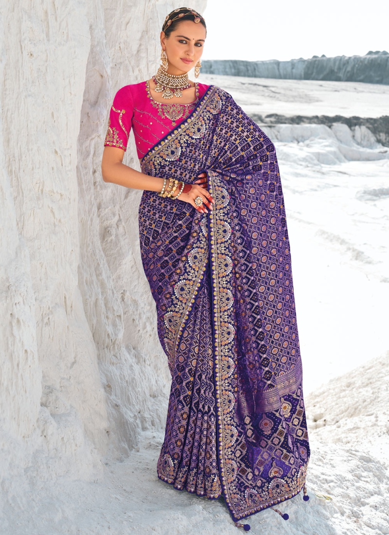 Adorning Embroidered Georgette Violet Contemporary Saree