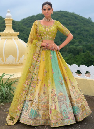 Adorning Embroidered Silk Green and Mustard Lehenga Choli