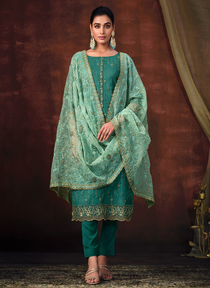 Adorning Organza Sea Green Pant Style Suit