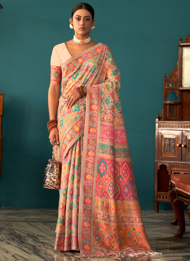 Peachy Pink Kashmiri Modal Pashmina Silk Saree – Armima