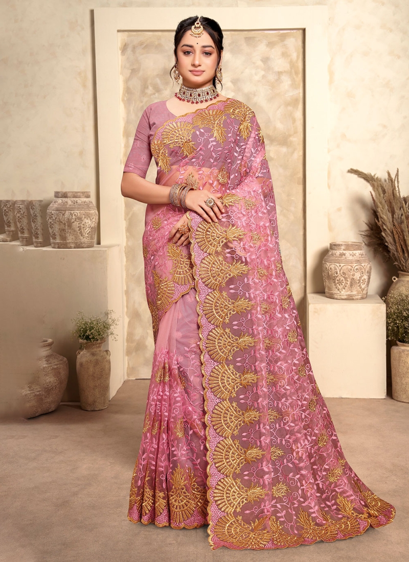 Affectionate Stone Pink Net Contemporary Saree