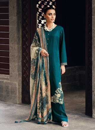 Alluring Muslin Teal Embroidered Trendy Salwar Kameez