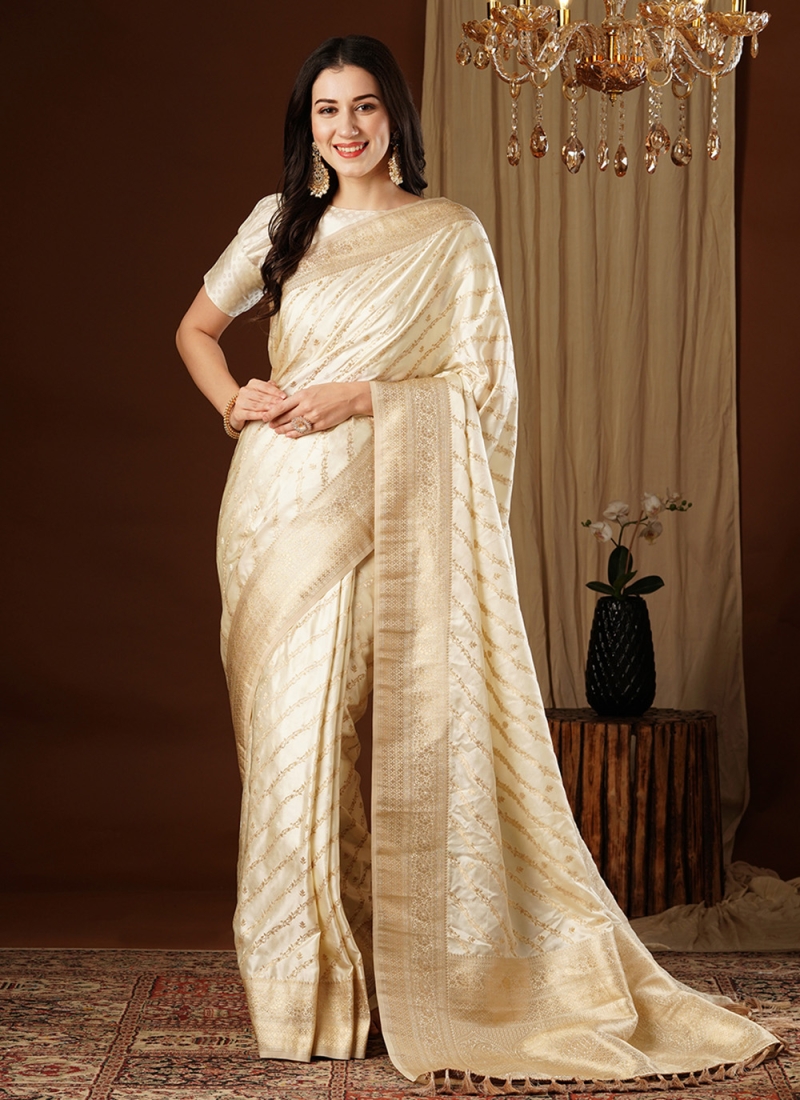 Alluring White Satin Silk Classic Saree