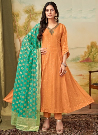 Amusing Orange Zari Jacquard Trendy Salwar Kameez