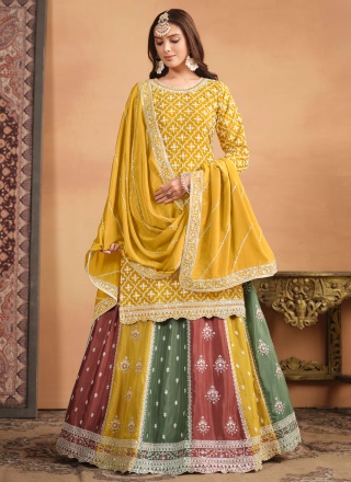 Amusing Yellow Chinon Lehenga 