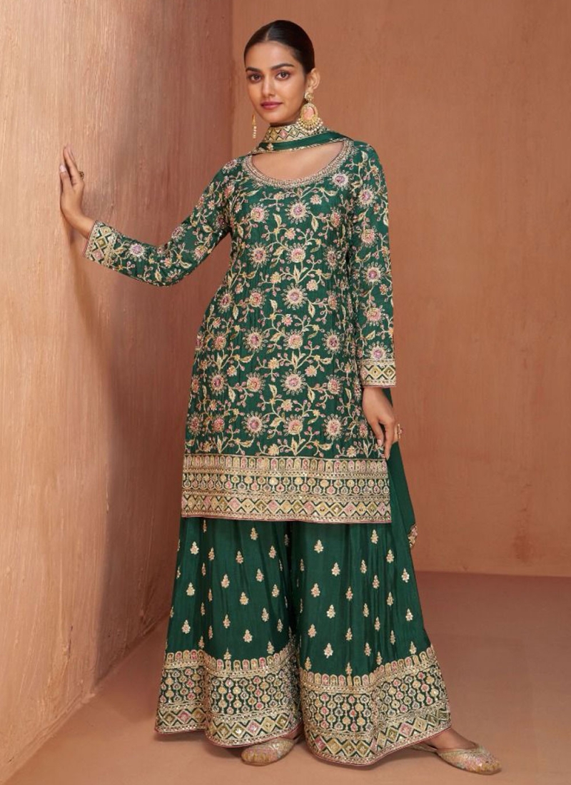 Angelic Embroidered Chinon Green Palazzo Salwar Kameez