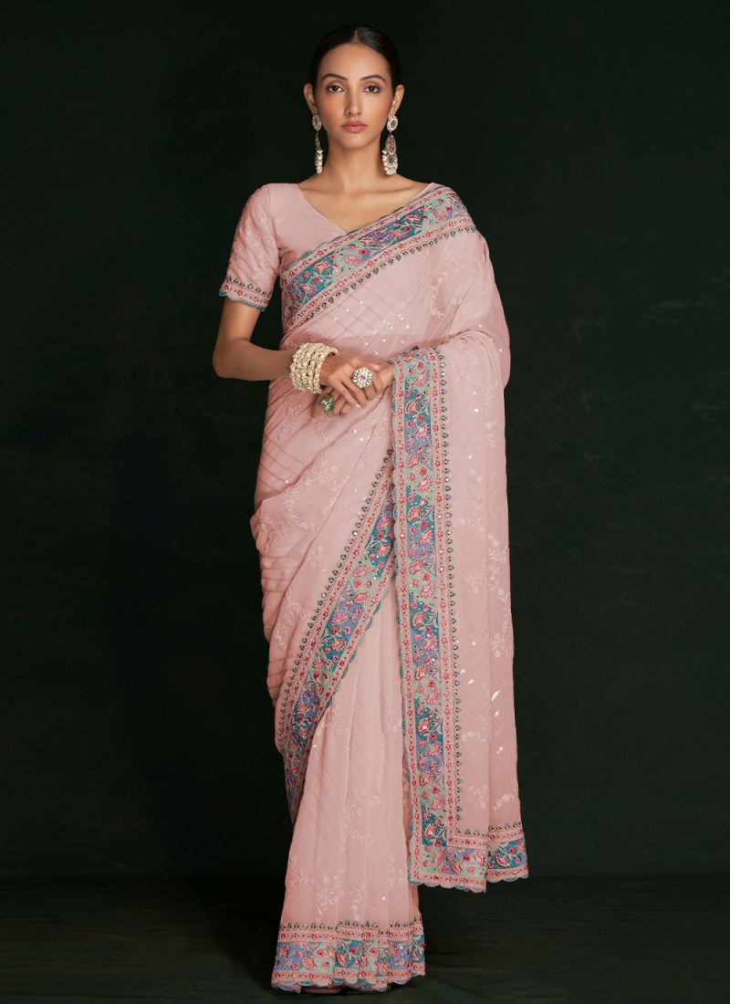 Stunning Georgette White Lucknowi work Classic Designer Saree