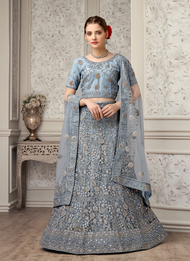 Buy Grey N Blue Long Choli Lehenga Set Festive Wear Online at Best Price |  Cbazaar