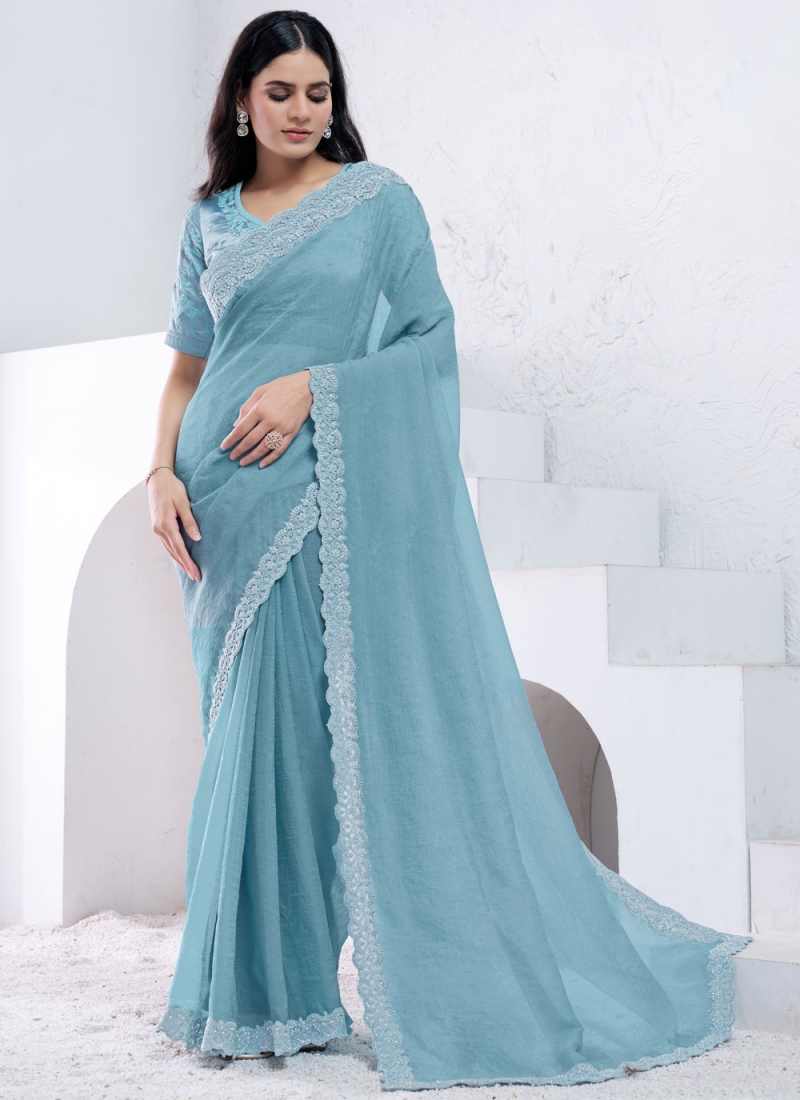 Aqua Blue Diamond Trendy Saree