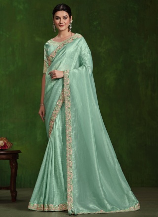 Aqua Blue Embroidered Designer Saree