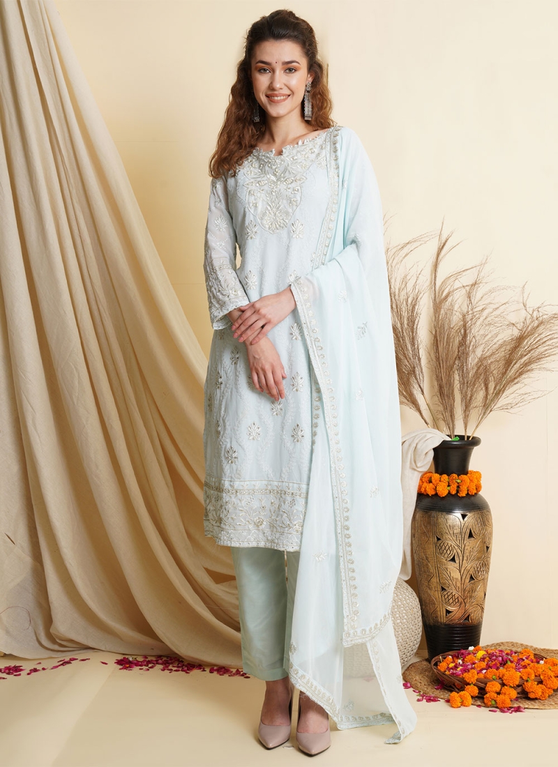 Aqua Blue Embroidered Georgette Pant Style Suit