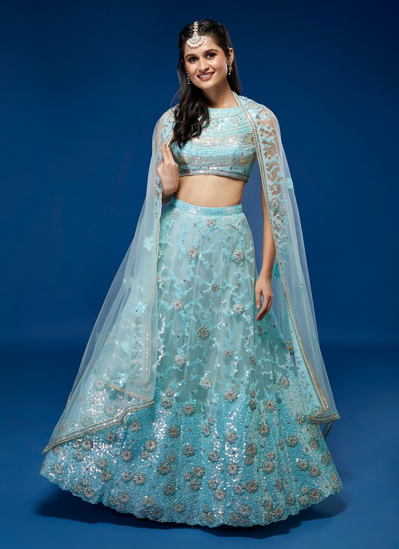 Designer Sky Blue Silk Mirror Work Lehenga for Woman – Cygnus Fashion