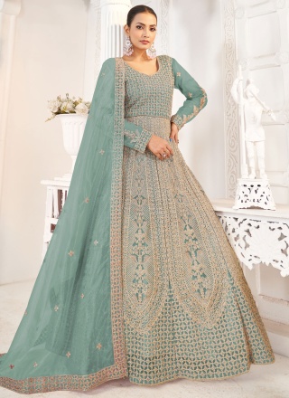 Aqua Blue Net Embroidered Floor Length Gown