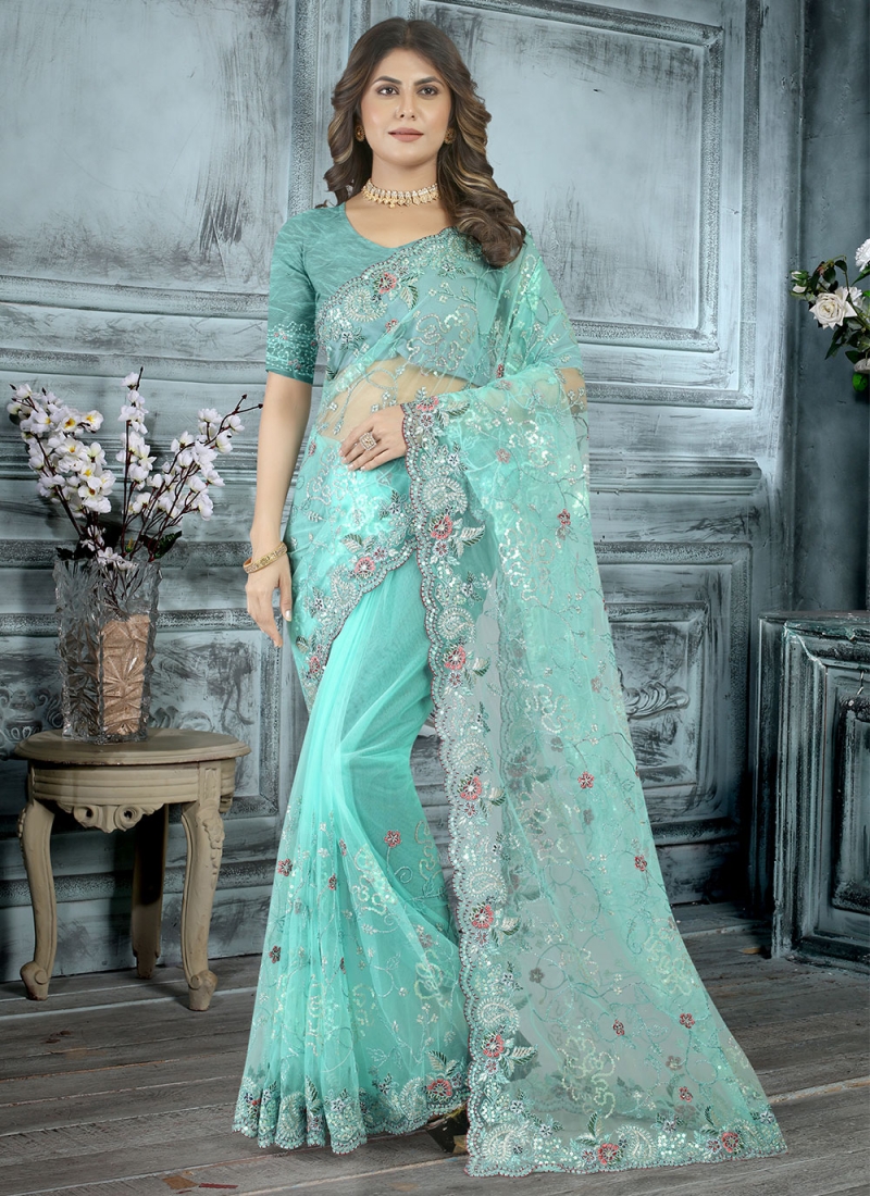 For Women's Pure Cotton Slub Aqua Blue Saree With Plain Zari Border Running  Blouse Piece Latest Design