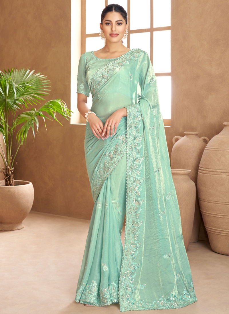 Aqua Blue Satin Reception Traditional Saree