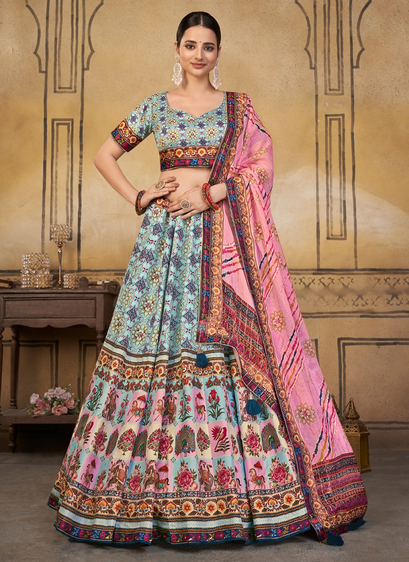 Pink & Blue Printed Lehenga Set Design by Limerick By Abirr N' Nanki at  Pernia's Pop Up Shop 2024