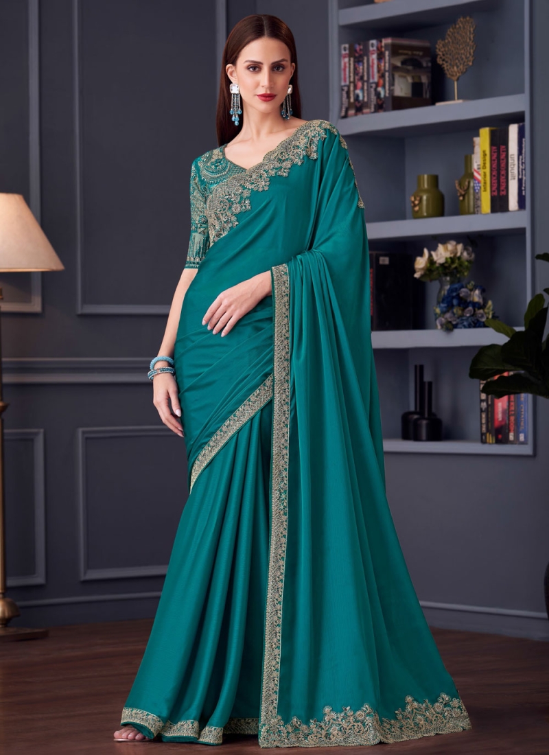 Aristocratic Chiffon Turquoise Contemporary Saree