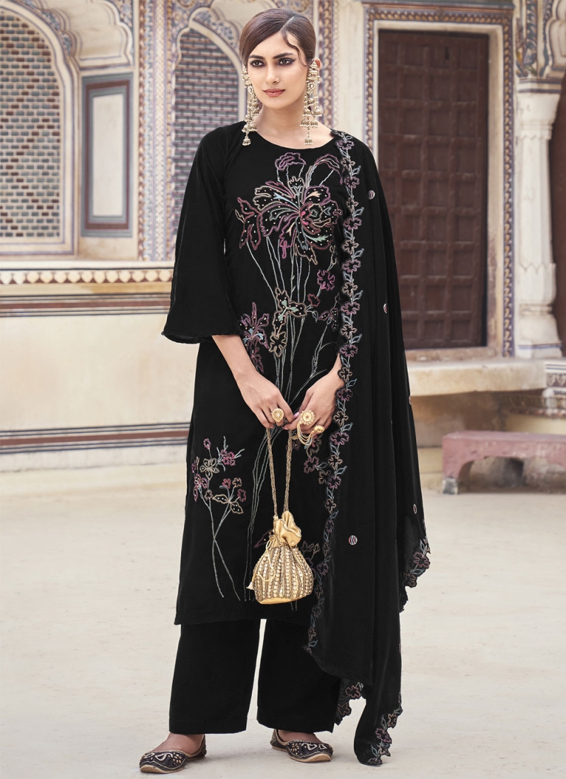 Aristocratic Embroidered Black Velvet Palazzo Salwar Suit