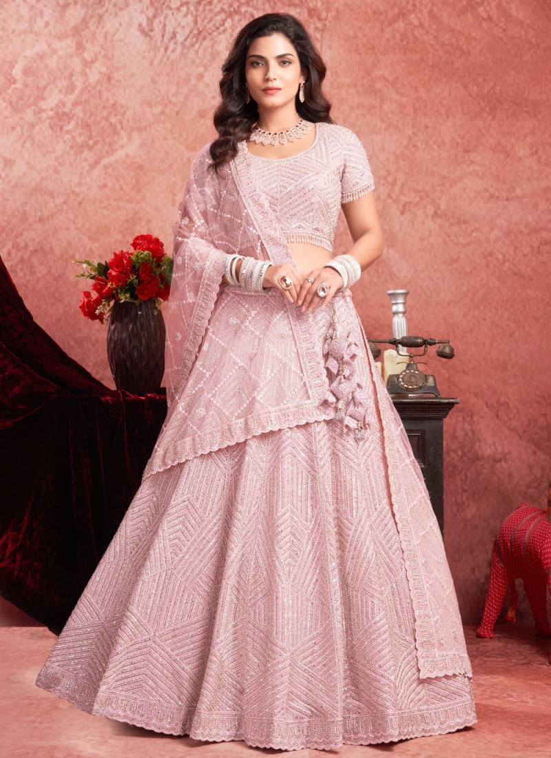 Aristocratic Embroidered Pink Net Readymade Lehenga Choli