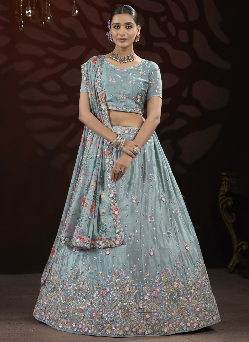 Arresting Embroidered Net Aqua Blue Designer Lehenga Choli