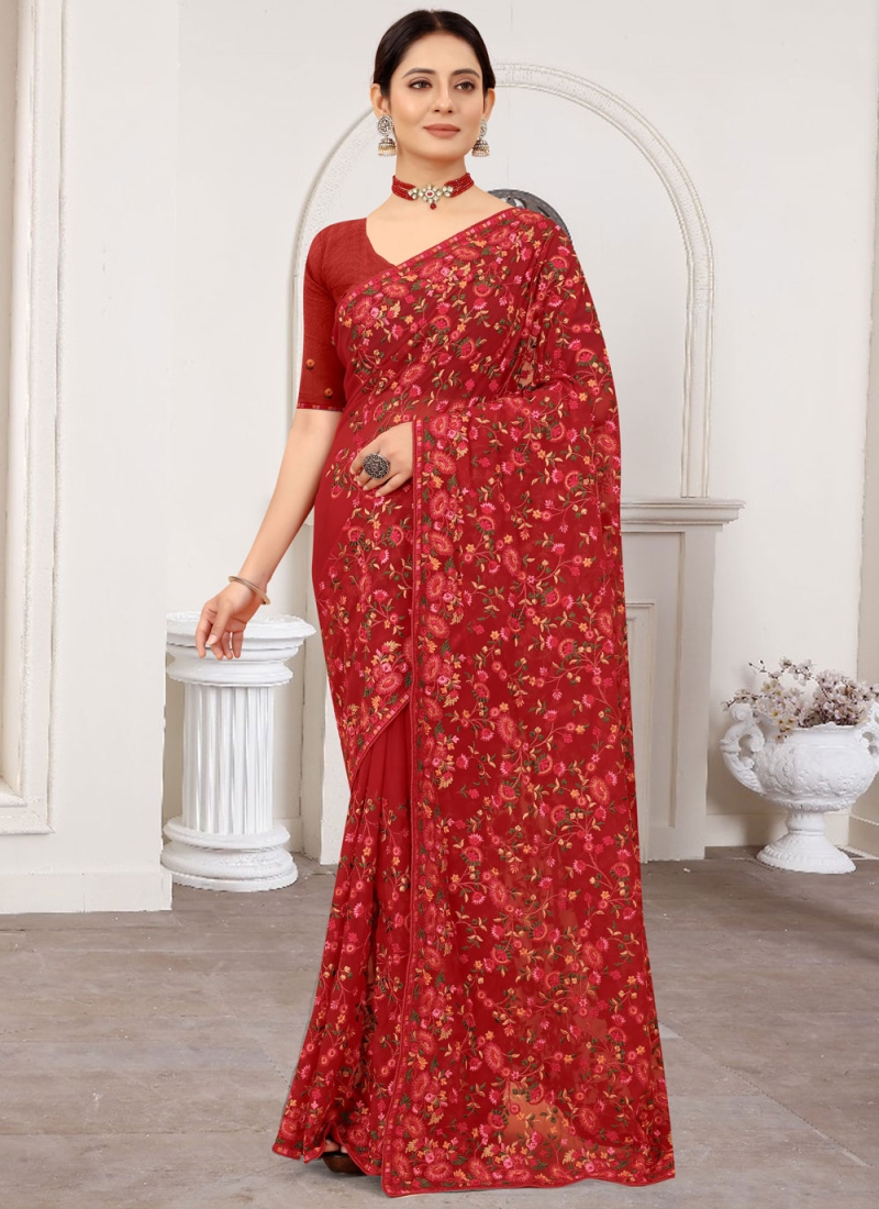 Arresting Georgette Maroon Resham Designer Saree