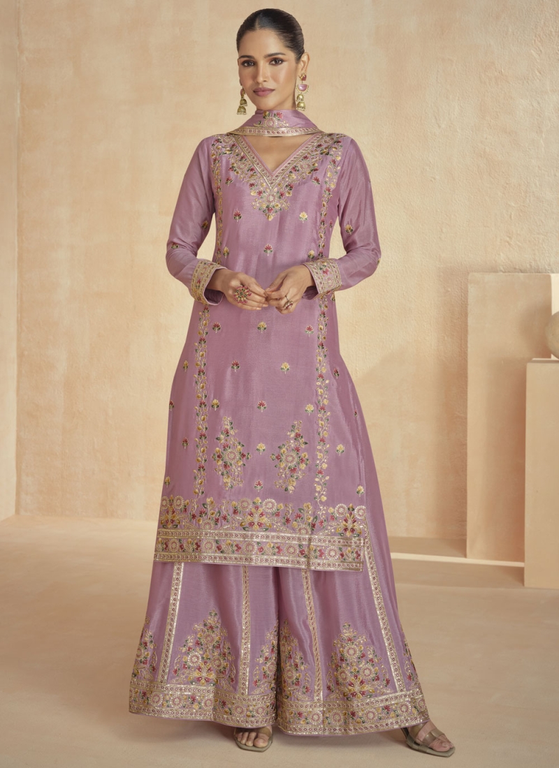 Arresting Purple Chinon Readymade Salwar Kameez