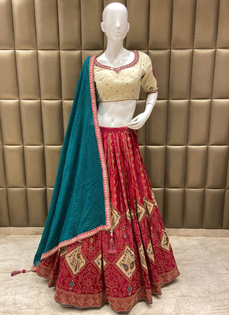 Green Color Half Saree Lehenga with Red Blouse and Dupatta South India  Designer in USA, UK, Malaysia, South Africa, Dubai, Singapore