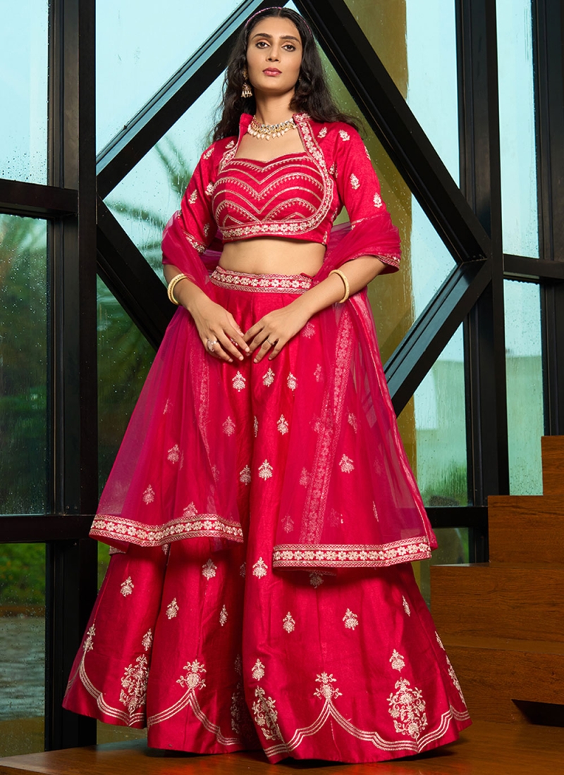 Art Silk Embroidered Lehenga Choli in Magenta and Rani