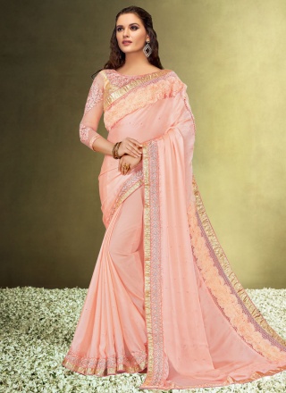 Artistic Pink Satin Traditional Saree