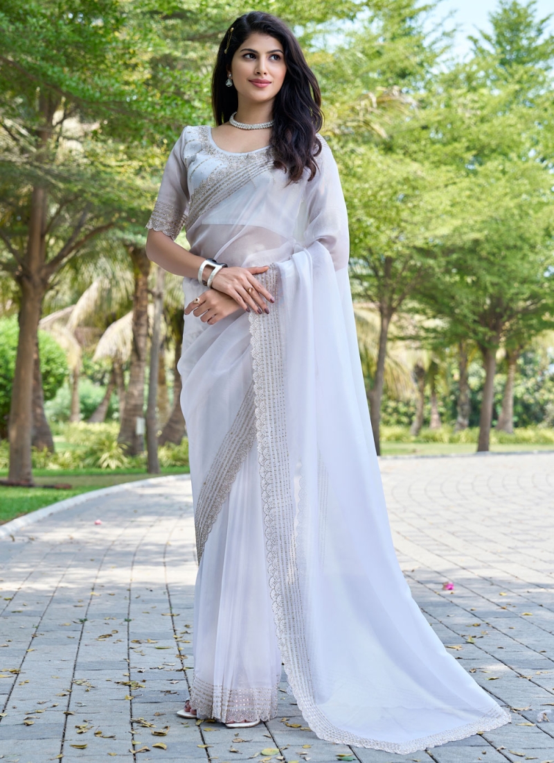 Artistic Swarovski White Contemporary Saree