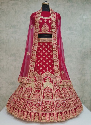 Aspiring Velvet Embroidered Red Lehenga Choli