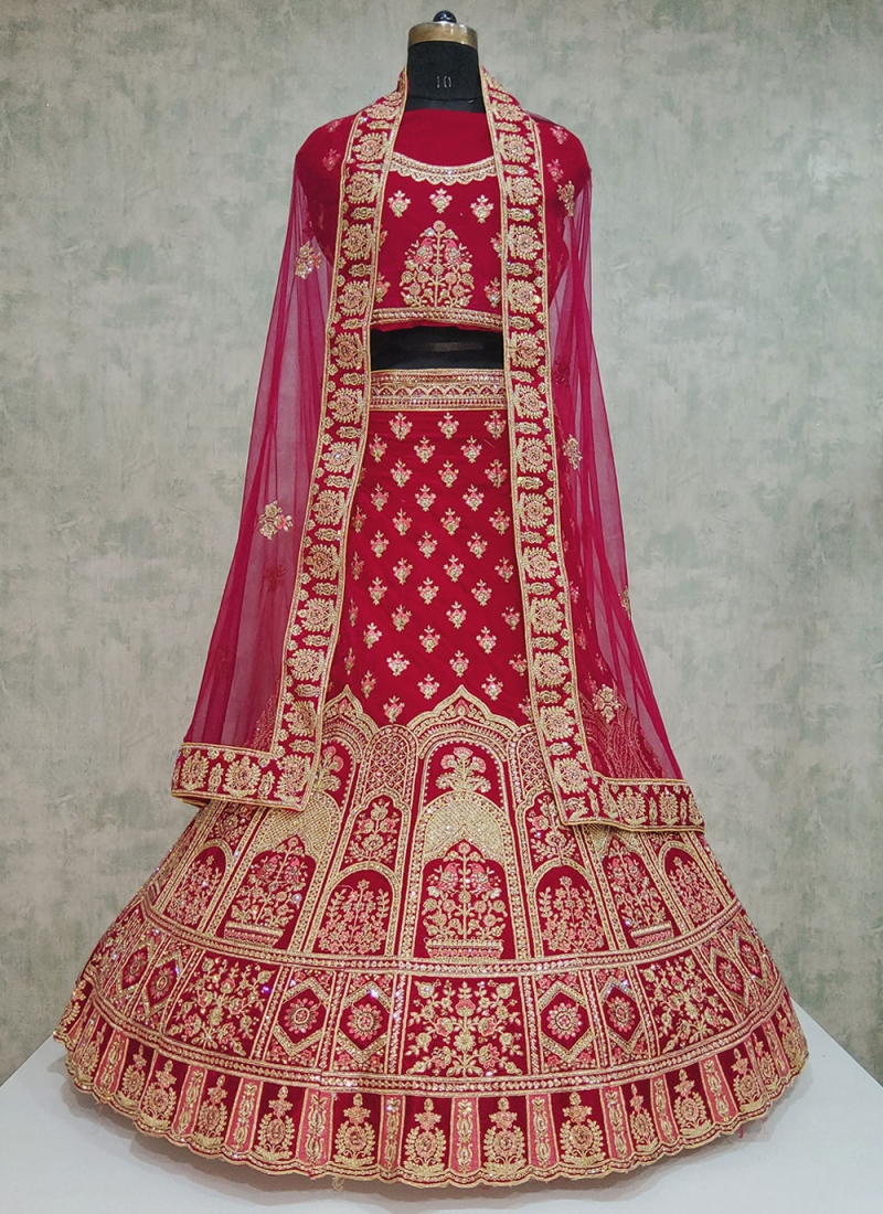 Aspiring Velvet Embroidered Red Lehenga Choli