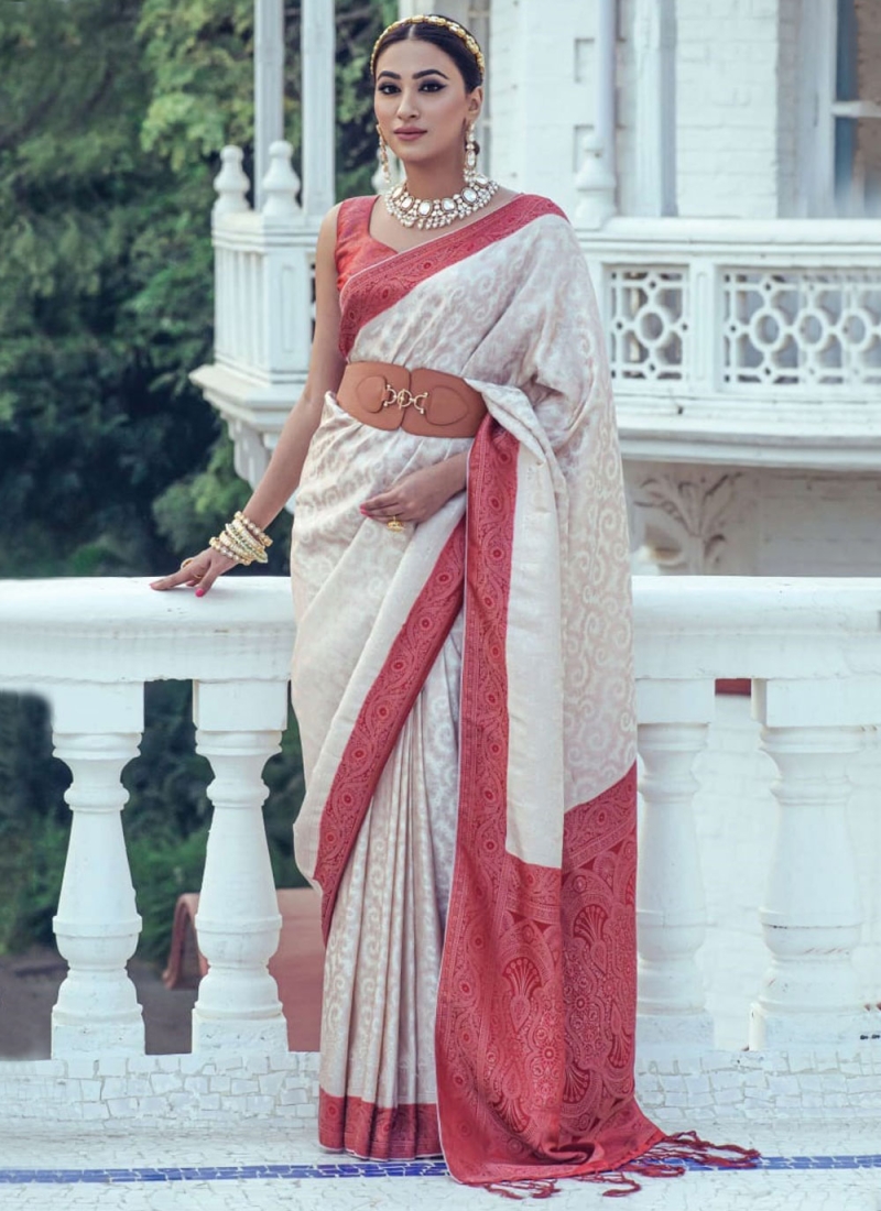 Astonishing Cream and Maroon Satin Trendy Saree