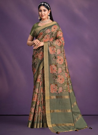 Astonishing Green Floral Patterns Contemporary Saree