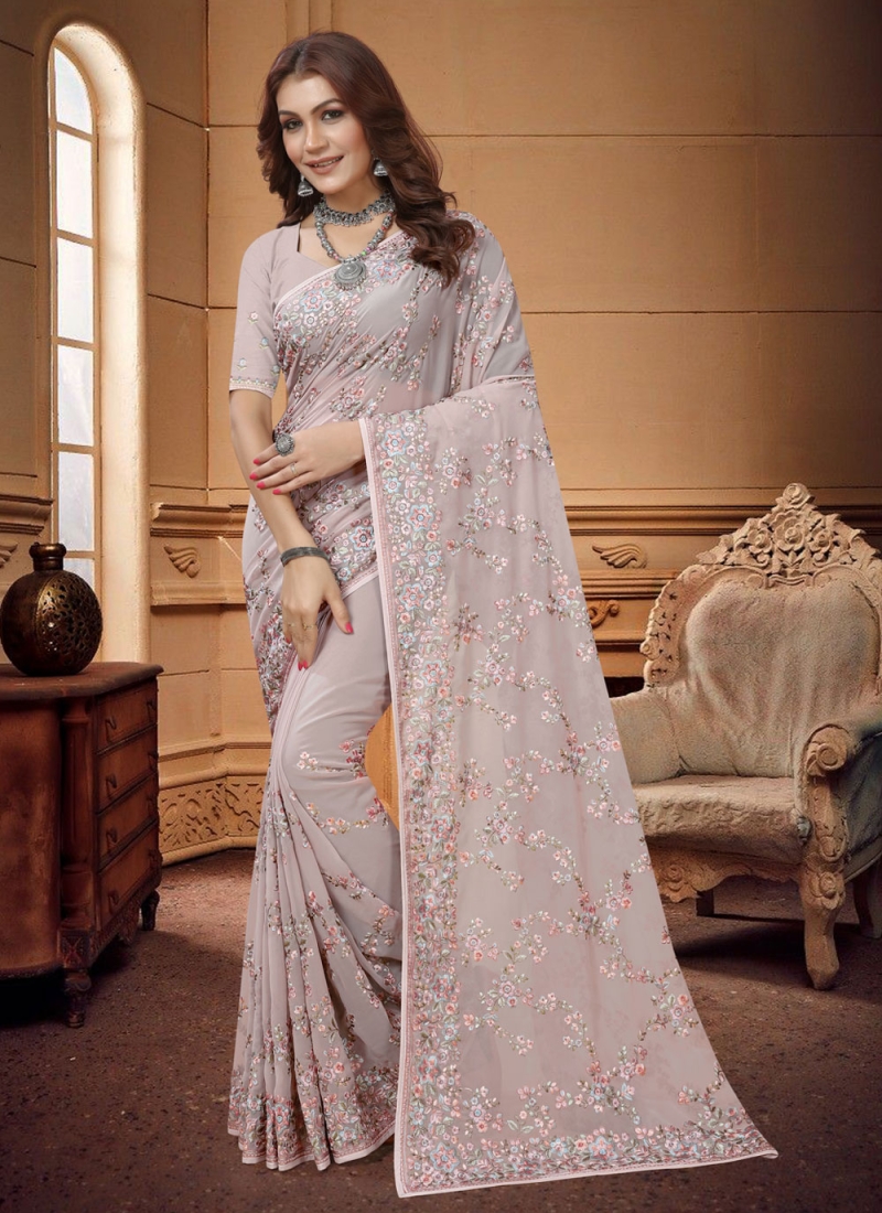 Lavender Persian Scattered Flower Georgette Saree – Love Summer