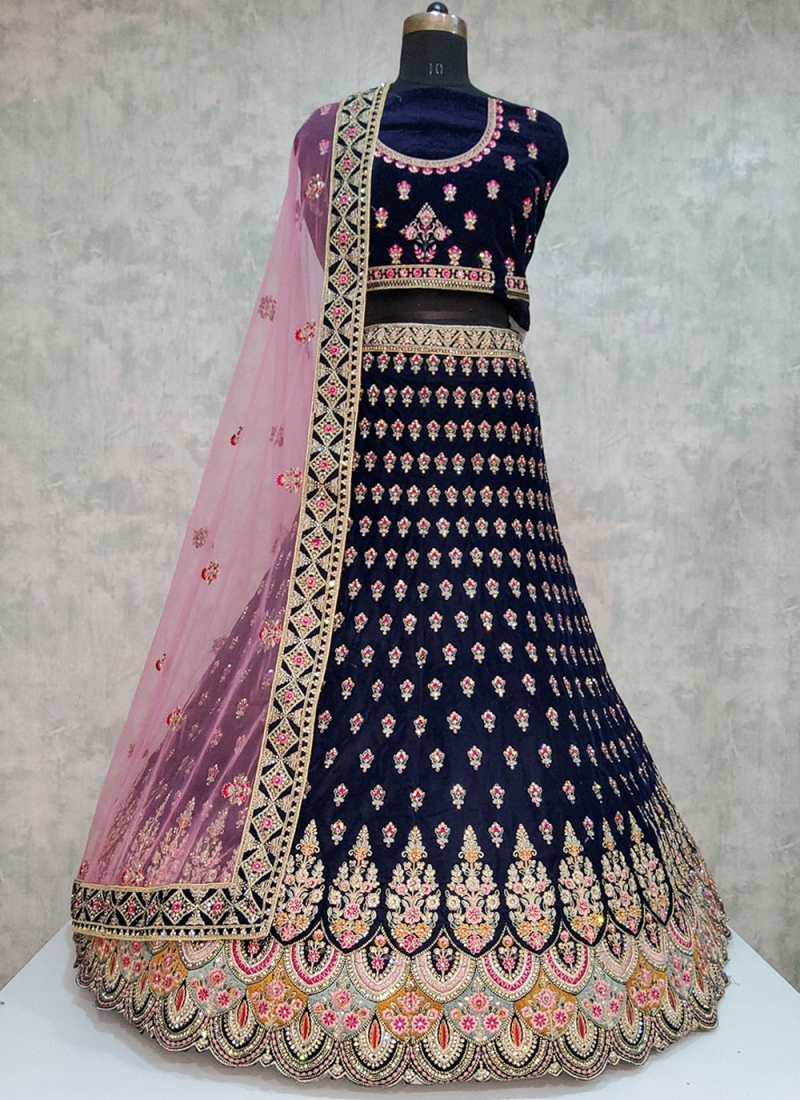 Auspicious Navy Blue Embroidered Velvet Lehenga Choli