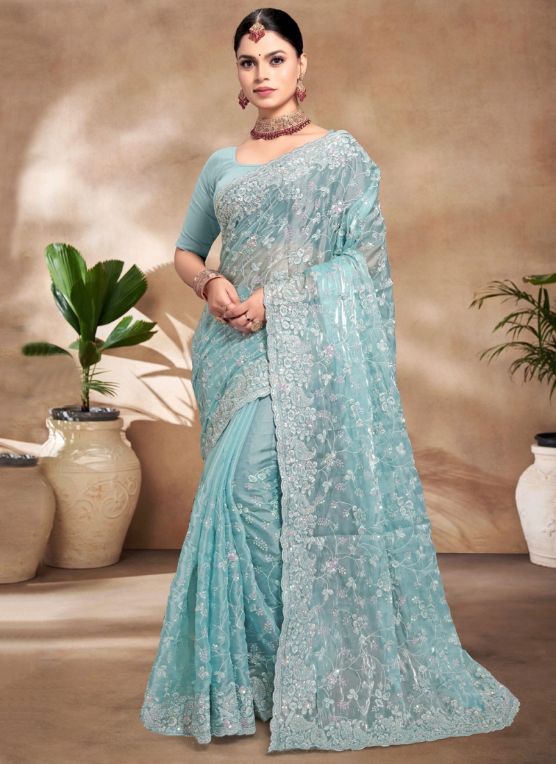 Awesome Sequins Jimmy Chu Aqua Blue Classic Saree