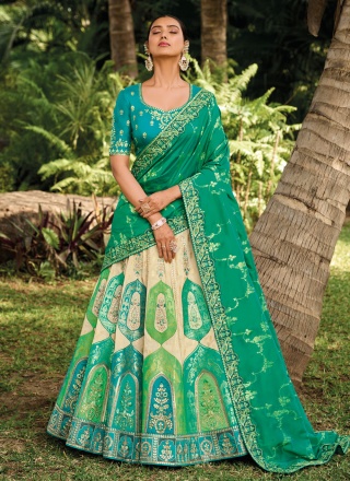 Banarasi Silk Cream and Green Embroidered Trendy Lehenga Choli