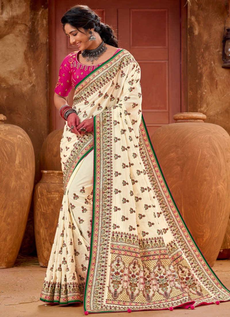 Sangam Prints Cream Banarasi Silk Woven Work Traditional Tassels Saree -  Sangam Prints - 4226021