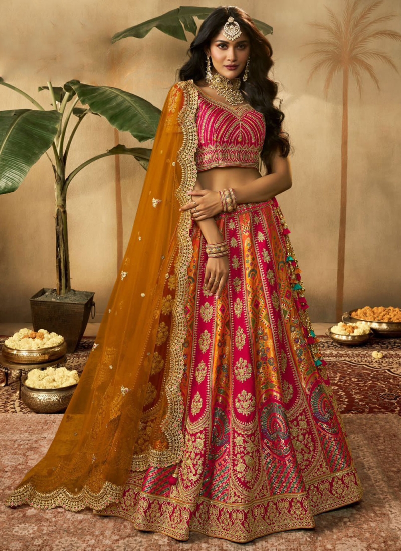Buy Pink and Orange Banarasi Silk Lehenga With Silk Choli Online -  LLCV01253 | Andaaz Fashion