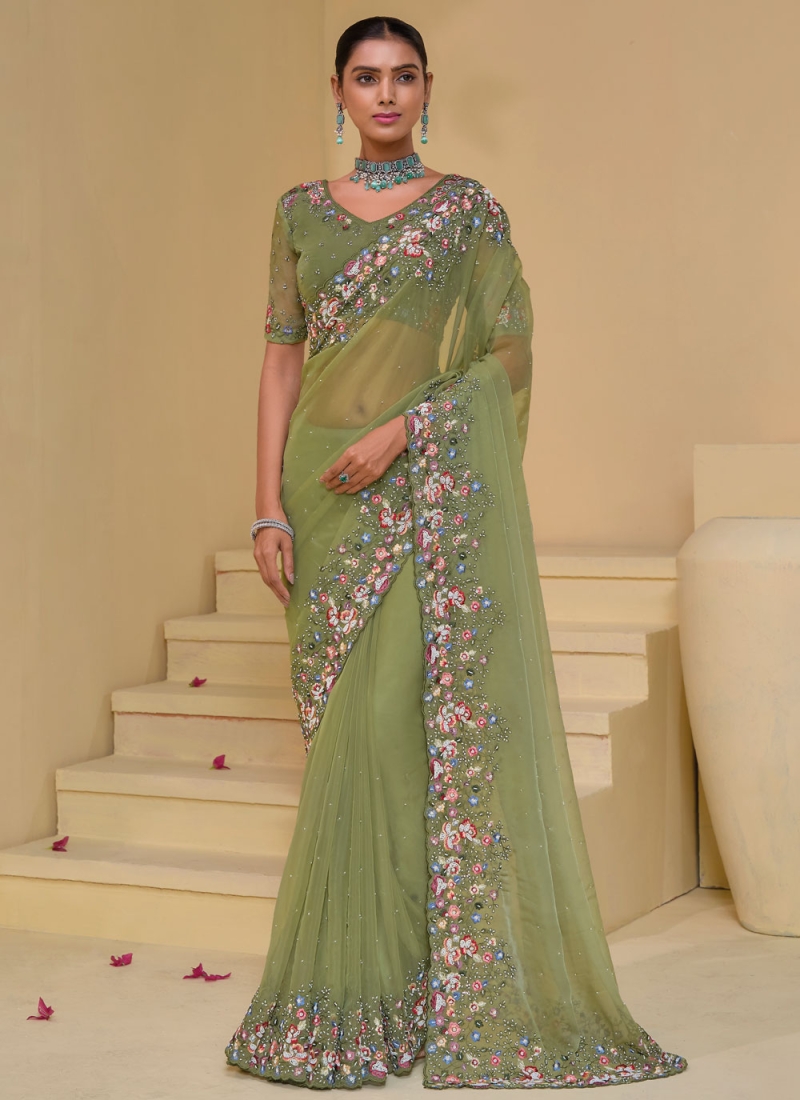 Banarasi Silk Moti Green Contemporary Saree