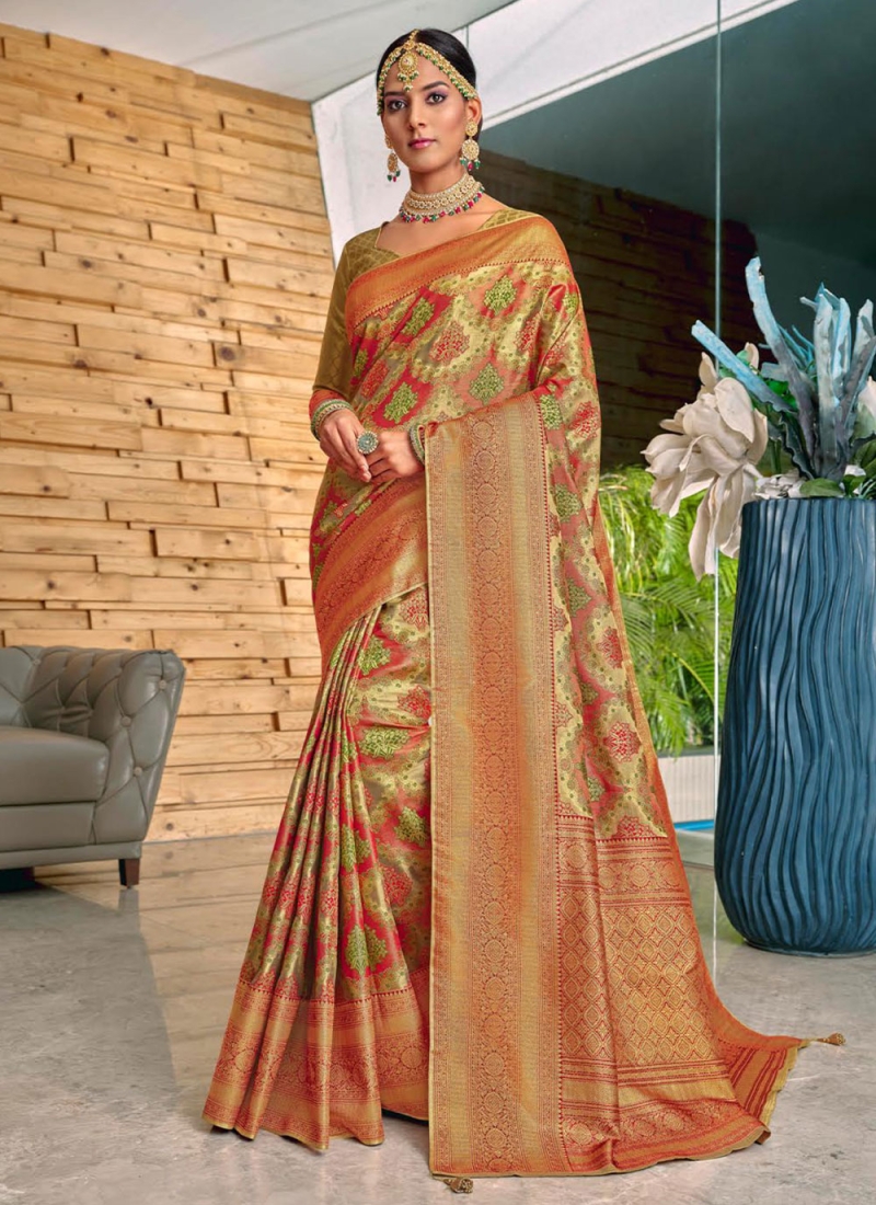 Multicolour White Woven Jamewar Banarasi Saree – Zari Banaras