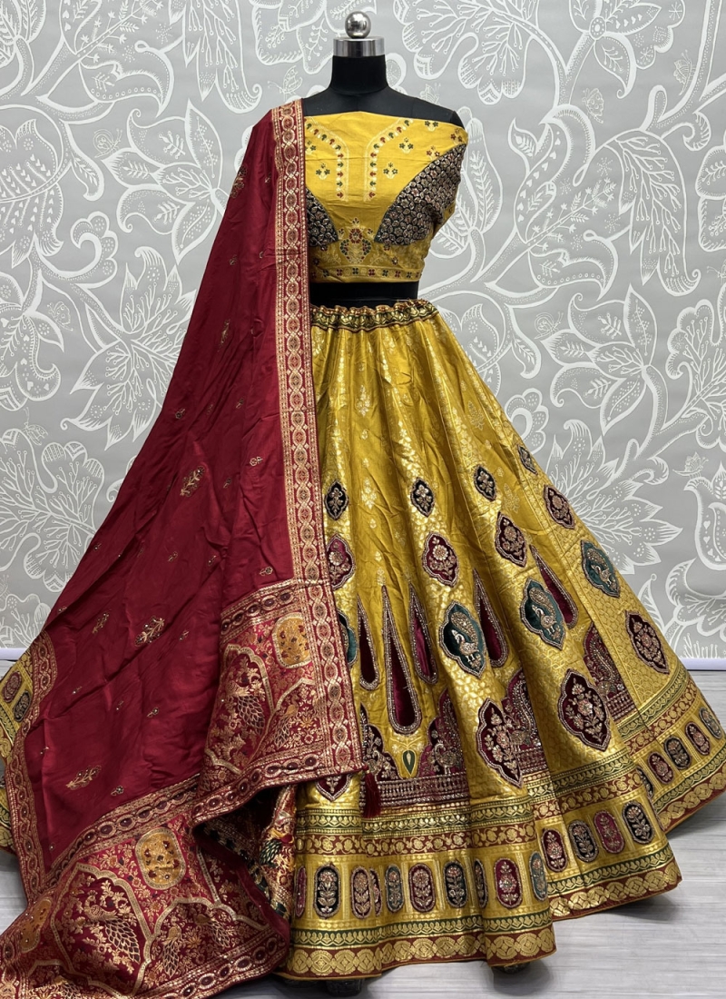 Banarasi Silk Yellow Embroidered Trendy Lehenga Choli