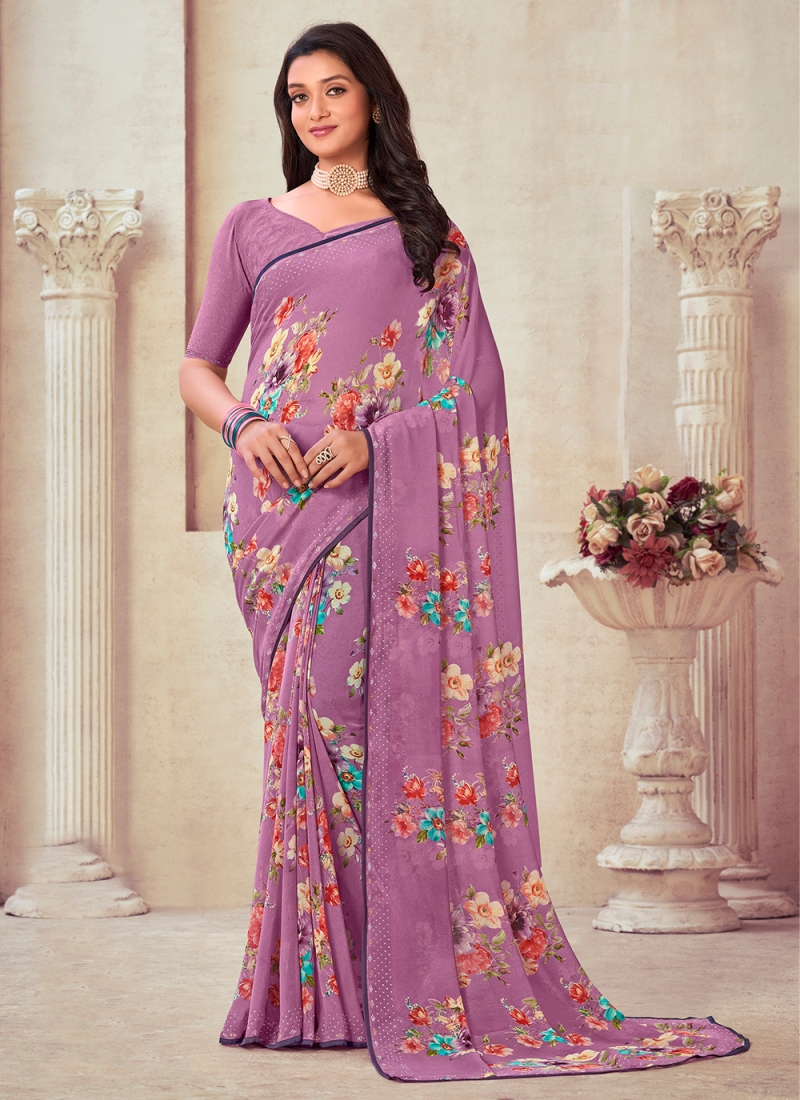 Buy Puretouch Floral Print Bollywood Georgette, Chiffon Pink Sarees Online  @ Best Price In India | Flipkart.com