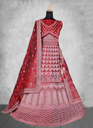 Baronial Velvet Thread Work Red Trendy Lehenga Choli