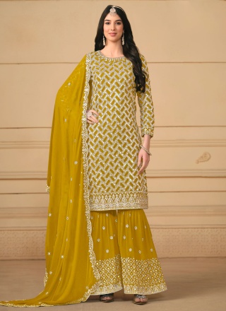 Beautiful Faux Georgette Mustard Embroidered Salwa
