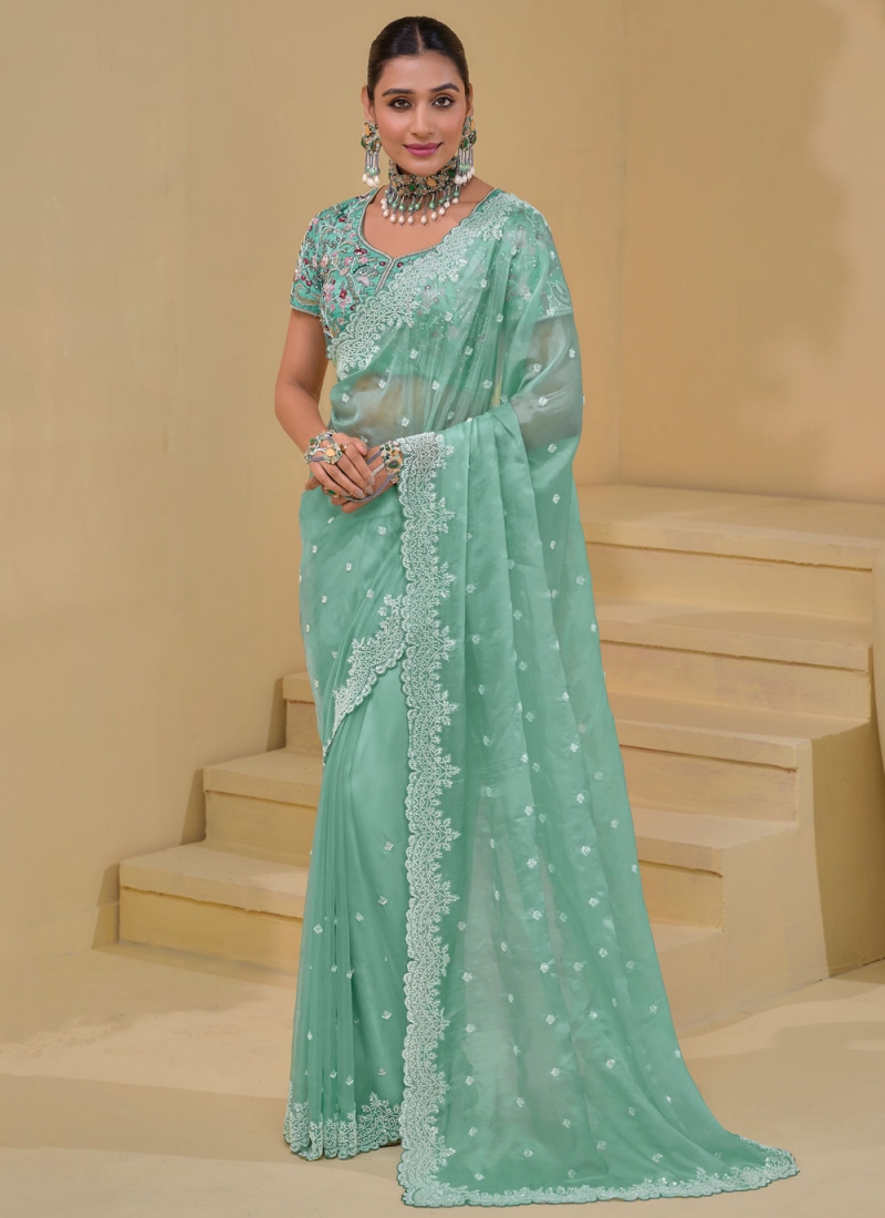 Beautiful Moti Sea Green Classic Saree